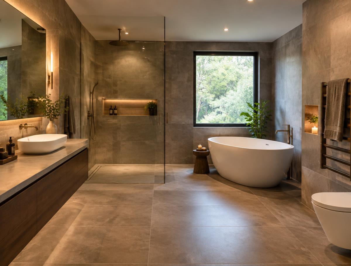 Stone-tiled bathroom with freestanding bath
