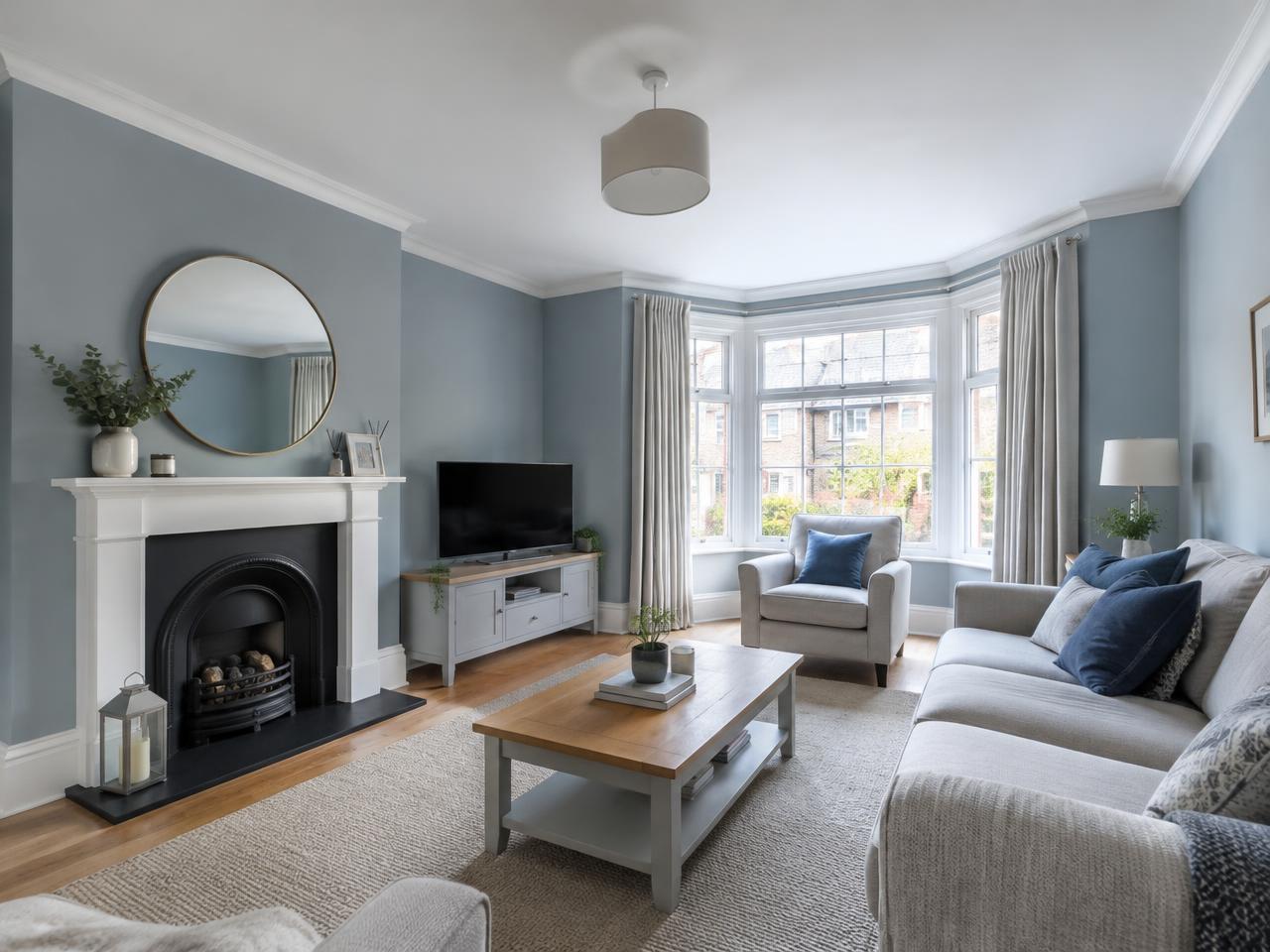 Freshly decorated blue-grey living room
