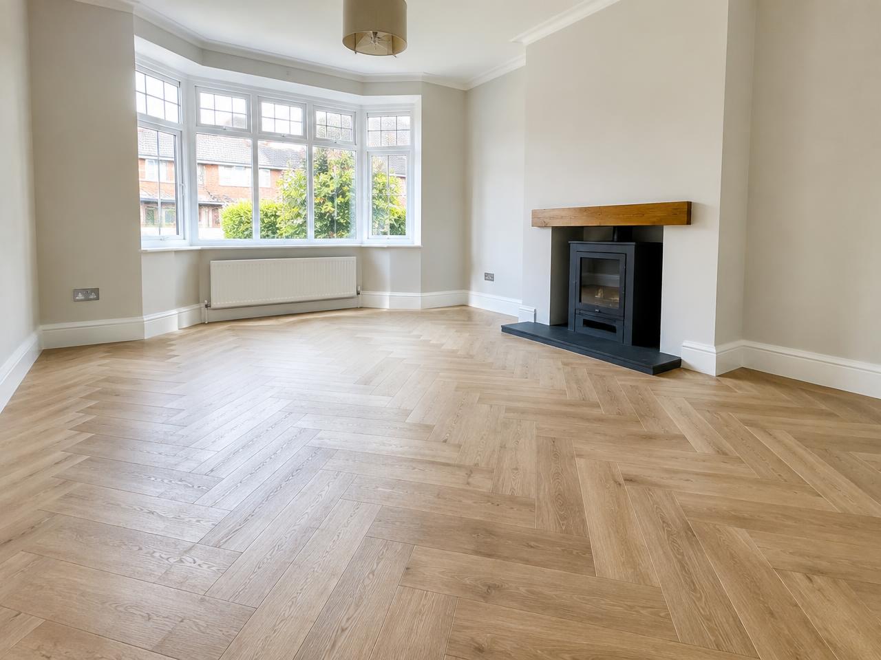 Oak herringbone floor in a bright living room